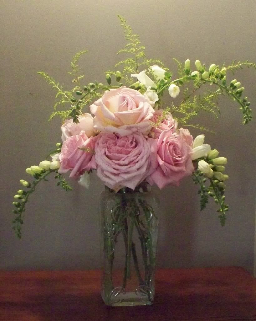 Elle & Belinda's Roses with White Astilbe and Snow Thimbles foxglove